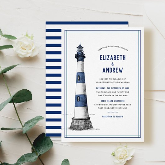 Blue White Lighthouse Wedding Einladung
