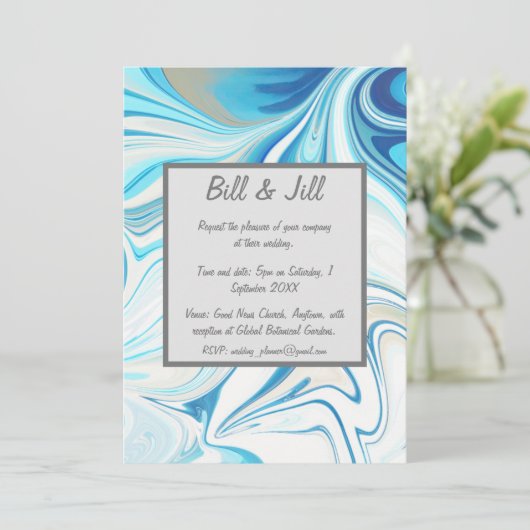 Blue White Liquid Marble Wedding Einladung (Stehend Vorderseite)