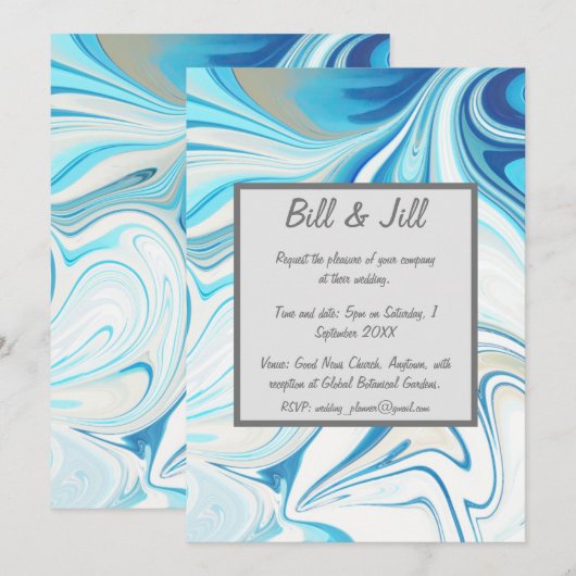 Blue White Liquid Marble Wedding Einladung (Vorne/Hinten)