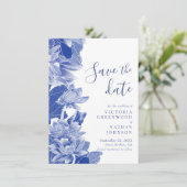 Blue White Lotus Floral Chinoiserie Save the Date (Stehend Vorderseite)