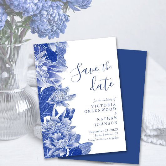Blue White Lotus Floral Chinoiserie Save the Date