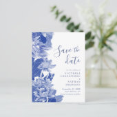 Blue White Lotus Floral Chinoiserie Save the Date Postkarte (Stehend Vorderseite)