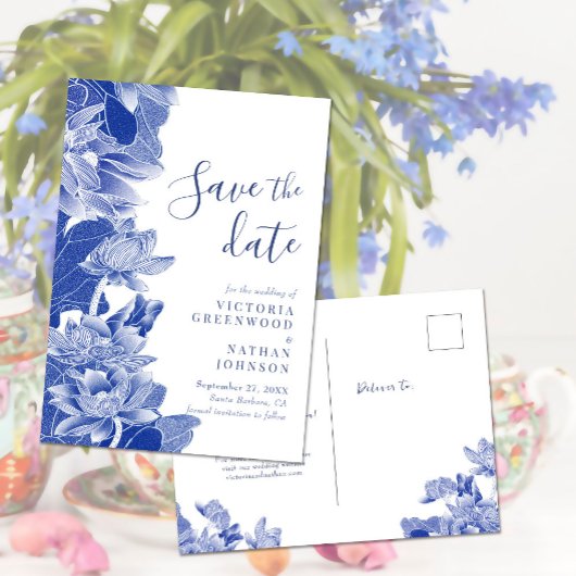 Blue White Lotus Floral Chinoiserie Save the Date Postkarte