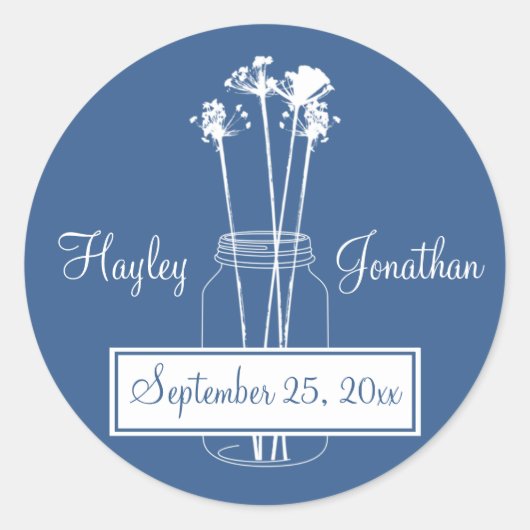 Blue White Mason Jar Save the Date Round Stickers (Vorderseite)