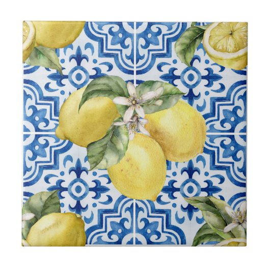 Blue White Mediterranean Lemon Pattern Fliese (Vorderseite)