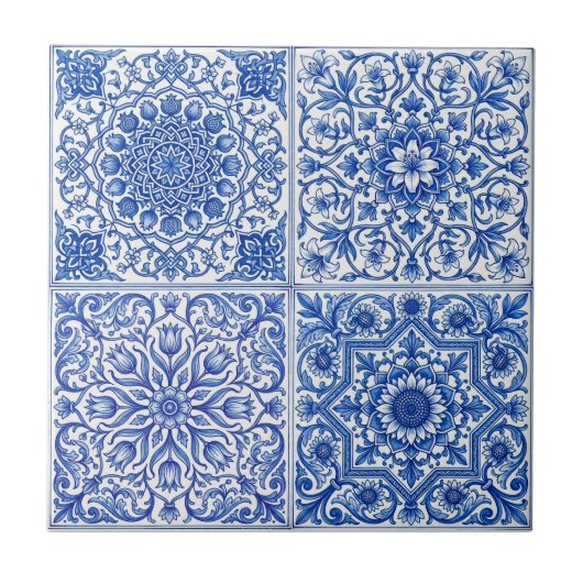Blue White Mediterranean Tile Botanical Pattern Fliese (Vorderseite)