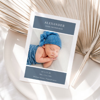Blue White Minimalist Photo Baby Announcement Card Einladung