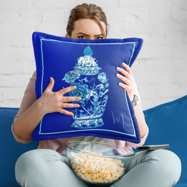 Blue White Mit Monogramm Elegant Ginger Jar Kissen (Von Creator hochgeladen)