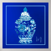 Blue White Mit Monogramm Elegant Ginger Jar Poster (Vorne)