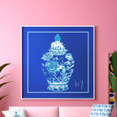 Blue White Mit Monogramm Elegant Ginger Jar Poster