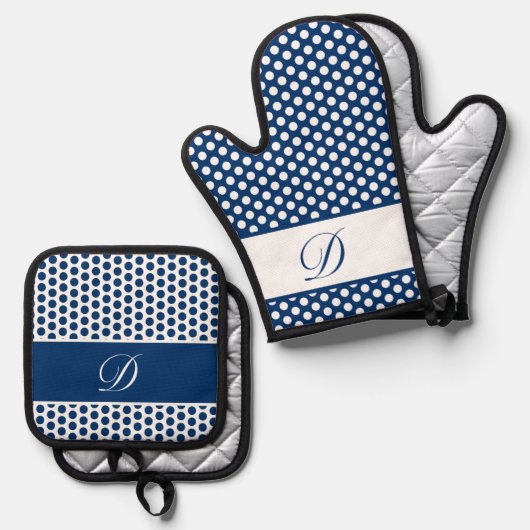 Blue & White Mit Monogramm Polka-Dot Oven Mitt & P Ofenhandschuh & Topflappen-Set (Vorderseite/Rückseite)