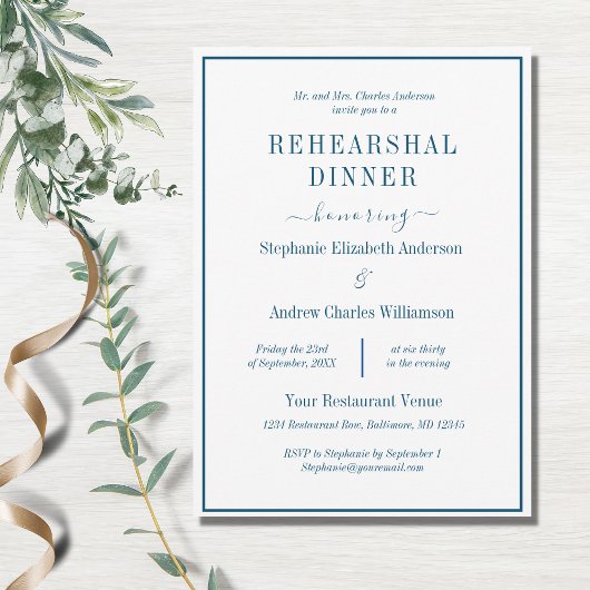 Blue White Modern formale Classic Probe Abendessen Einladung