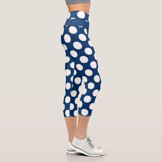 Blue White Modern Trendy Polka Dot Pattern Capri Leggings (Rechts)