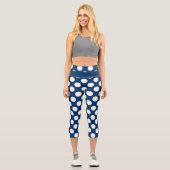 Blue White Modern Trendy Polka Dot Pattern Capri Leggings (Vorderseite)