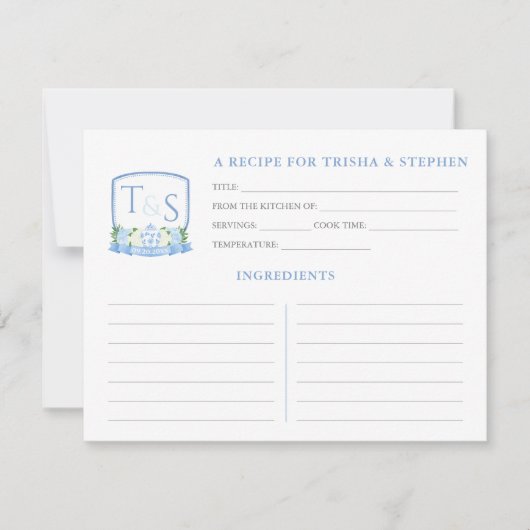 Blue White Monogram Brautparty Rezept Card Einladung (Vorderseite)