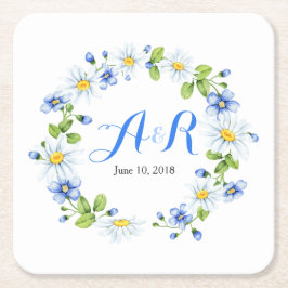 Blue White Monogram Daisy Floral Wedding Rechteckiger Pappuntersetzer