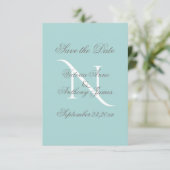 Blue White Monogram Script Wedding Save The Date (Stehend Vorderseite)