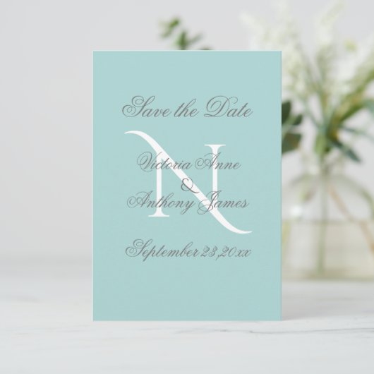 Blue White Monogram Script Wedding Save The Date (Stehend Vorderseite)