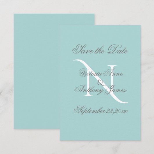 Blue White Monogram Script Wedding Save The Date (Vorne/Hinten)