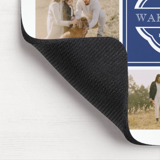 Blue White Monogram & Year Foto Collage Mousepad (Ecke)