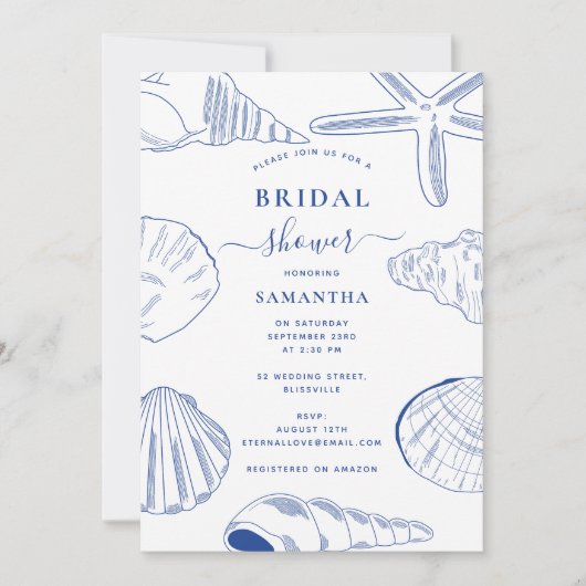 Blue White Muscheln Beach Summer Brautparty Einladung (Vorderseite)