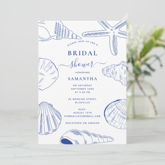 Blue White Muscheln Beach Summer Brautparty Einladung (Stehend Vorderseite)