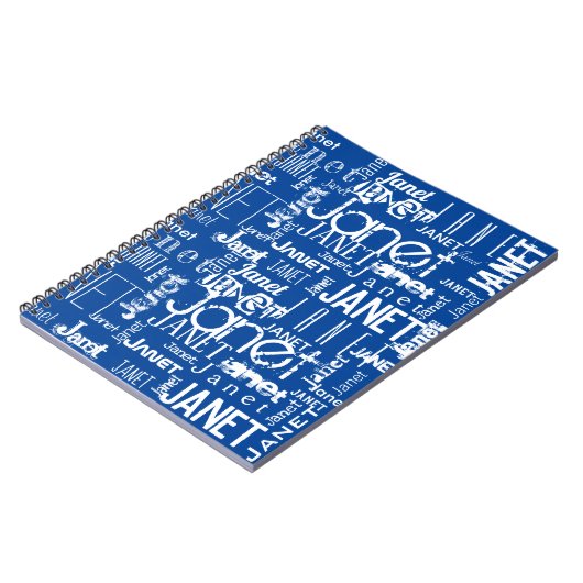 Blue White Name Word Cloud Typografie Notebook Notizblock (Linke Seite)