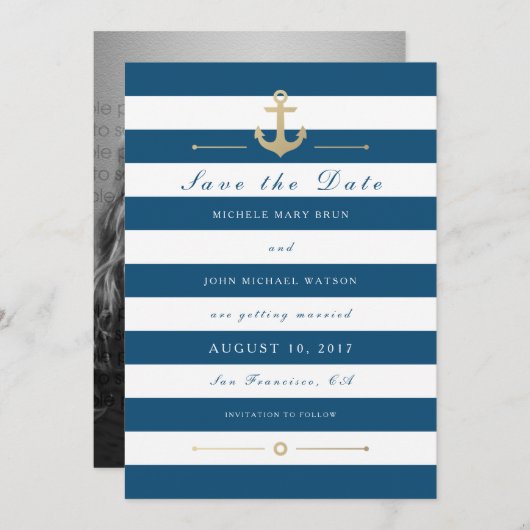 Blue White Nautic Save the Date Flat Foto Card (Vorne/Hinten)