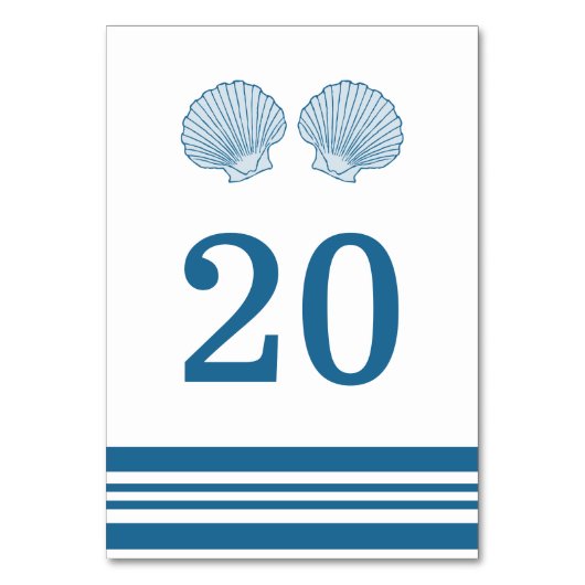 Blue White Nautic Seashells Table Card Tischnummer (Vorderseite)