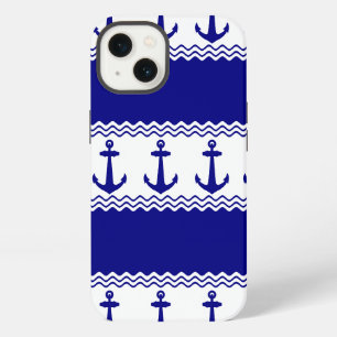Blue White Nautical Anchor Coastal Stripes iPhone 13 Hülle