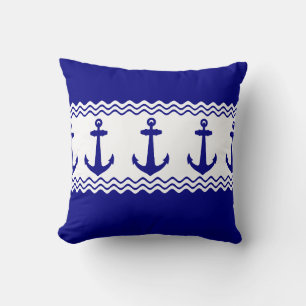 Blue White Nautical Anchor Coastal Stripes Kissen