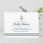 Blue & White Nautical Baby Dusche laden ein Einladung (Stehend Vorderseite)