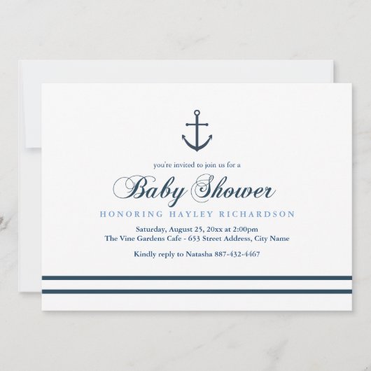 Blue & White Nautical Baby Dusche laden ein Einladung (Vorderseite)