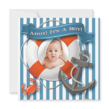 Blue, White Nautical Foto Kinderdusche Einladung