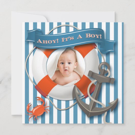 Blue, White Nautical Foto Kinderdusche Einladung (Vorderseite)