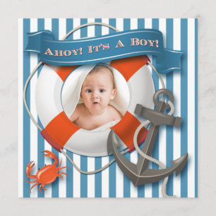 Blue, White Nautical Foto Kinderdusche Einladung