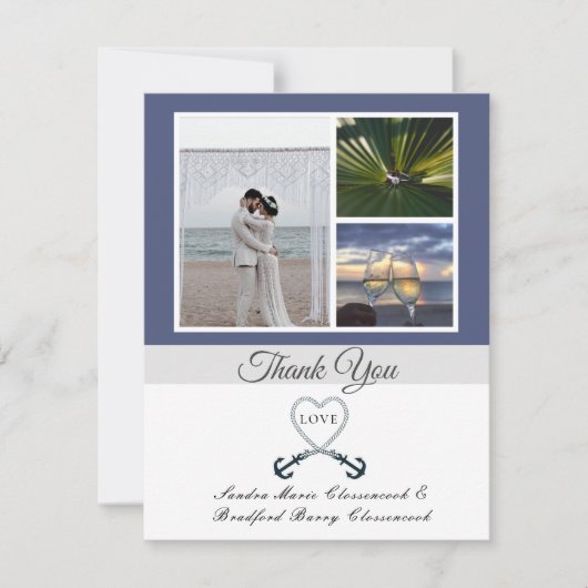 Blue White Nautical Heart Anchor Wedding Foto Dankeskarte (Vorderseite)