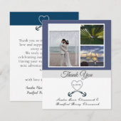 Blue White Nautical Heart Anchor Wedding Foto Dankeskarte (Vorne/Hinten)