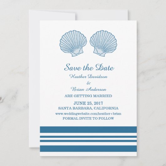 Blue White Nautical Seashells Save the Date einlad Einladung (Vorderseite)