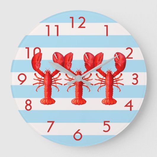 Blue white nautical stripes lobster decor große wanduhr (Vorderseite)