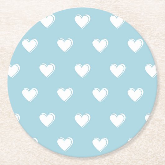 Blue White Niedlich Simple Heart Pattern Runder Pappuntersetzer (Vorderseite)