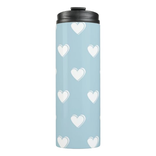 Blue White Niedlich Simple Heart Pattern Thermosbecher (Vorderseite)