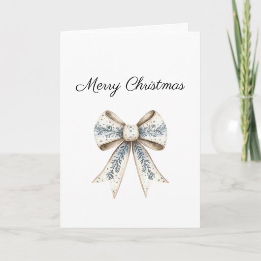 Blue White Nordic Cream Bow Christmas Karte (Vorderseite)