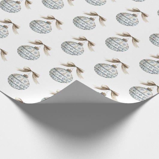 Blue White Nordic Ornaments Cream Bow Christmas Geschenkpapier (Ecke)