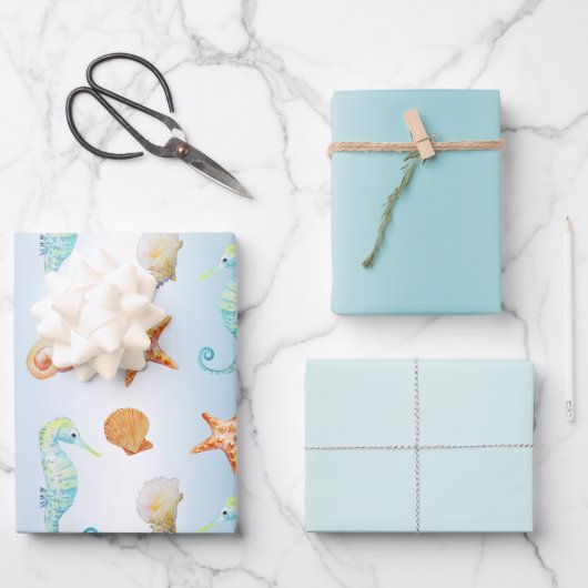 Blue White Ombre Muscheln Seepferd Starfish Geschenkpapier Set (Vorderseite)