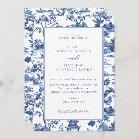 Blue & White Pagoda Chinoiserie Toile Hochzeit Einladung (Vorne/Hinten)