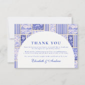 Blue White Patchwork Toile Wedding Dankeskarte (Vorderseite)