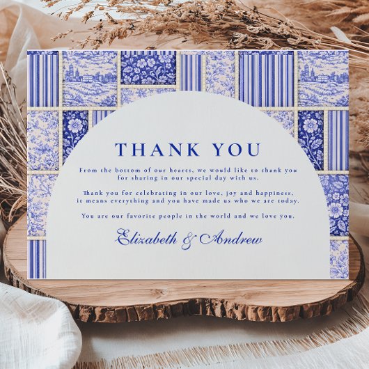 Blue White Patchwork Toile Wedding Dankeskarte
