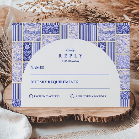 Blue White Patchwork Toile Wedding RSVP Karte