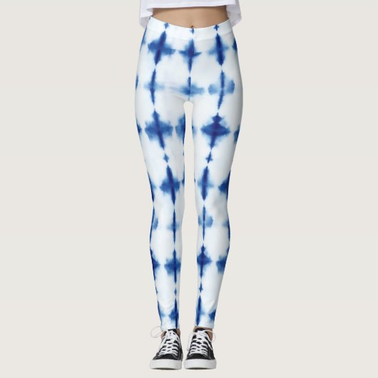 Blue White Pattern Shibori Indigo Blue Gefärbte Kr Leggings (Vorderseite)